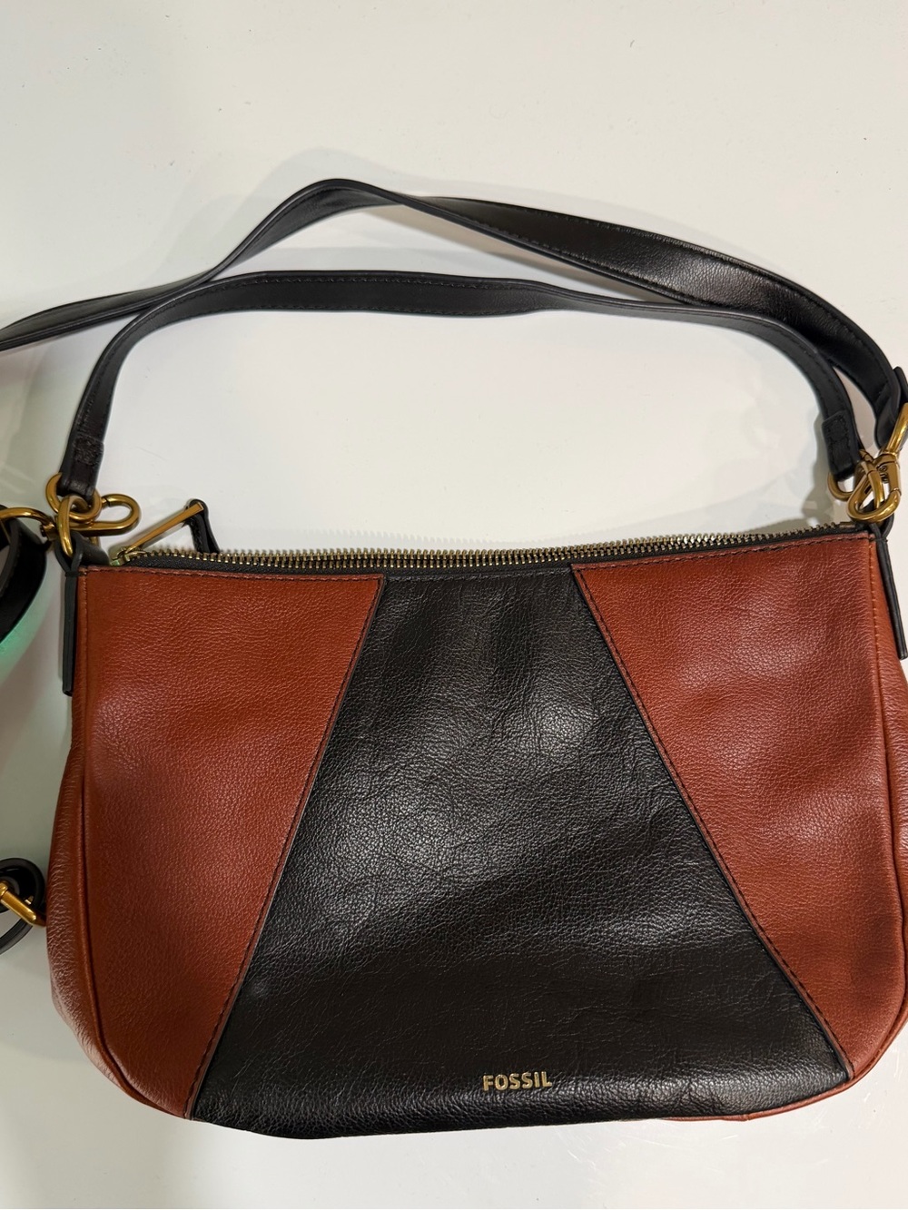 Fossil Black and Brown Leather Shoulder Bag with Gold Hardware